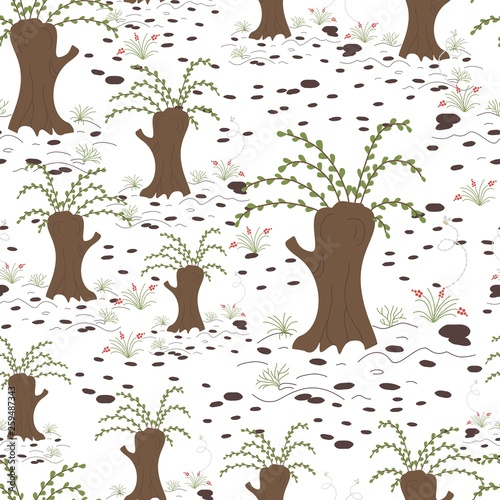 Pussy willow tree in the swamp, hand drawn vector repeat seamless pattern. Colorful spring scene, cartoon landscape.