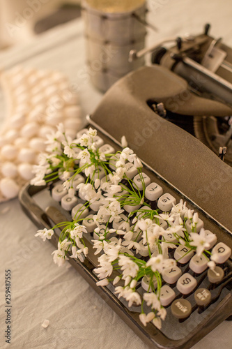 Spring or summer writing concept. Vintage typerwriter with flowers between keys