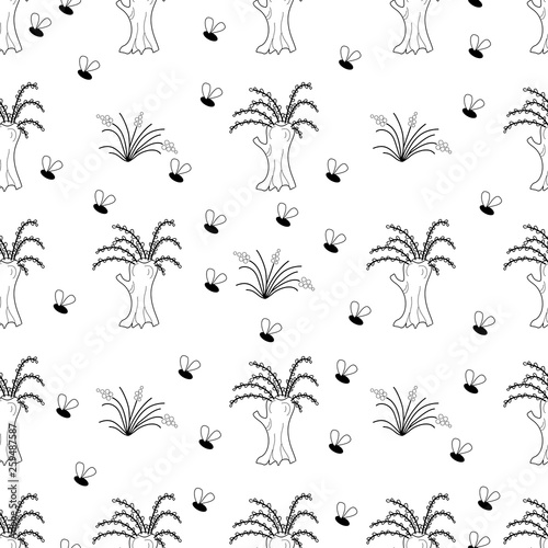 Pussy willow tree with insects, the marshland scene, hand drawn vector repeat seamless pattern. Black and white spring scene, cartoon landscape.