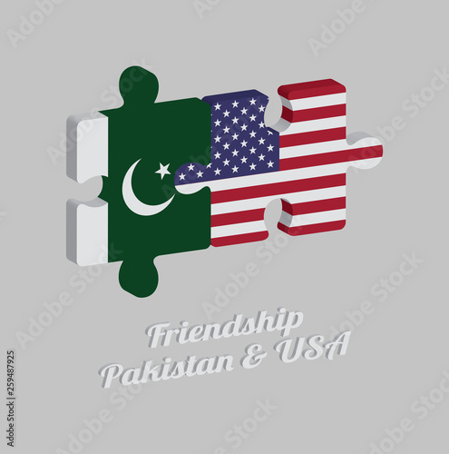 Jigsaw puzzle 3D of Pakistan flag and America flag with text: Friendship Pakistan & USA. Concept of Friendly between both countries.