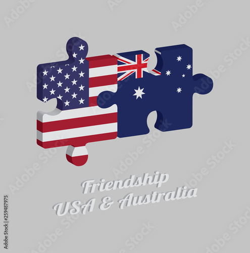 Jigsaw puzzle 3D of America flag and Australia flag with text: Friendship USA & Australia. Concept of Friendly between both countries.