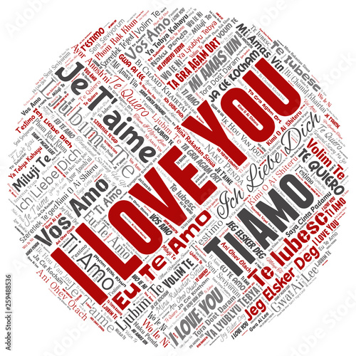 Vector conceptual sweet romantic I love you multilingual message round circle red word cloud isolated background. Collage of valentine day, romance affection,  happy emotion or passion lovely concept