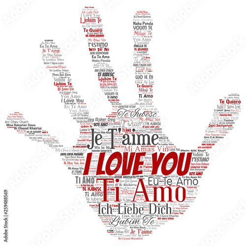Vector conceptual sweet romantic I love you multilingual message hand print stamp word cloud isolated background. Collage of valentine day, romance affection,  happy emotion or passion lovely concept