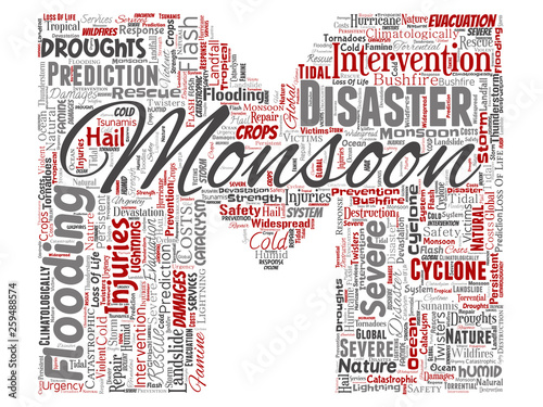 Vector conceptual monsoon dangerous weather letter font M red meteorology word cloud isolated background. Collage of tropical dramatic storm force, strong wind blowing, rain hail thunderstorm concept