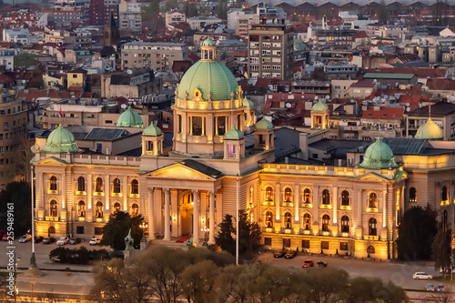 Belgrade, Serbia March 31, 2019: Aerial Shot of Serbian National Assembly Belgrade.