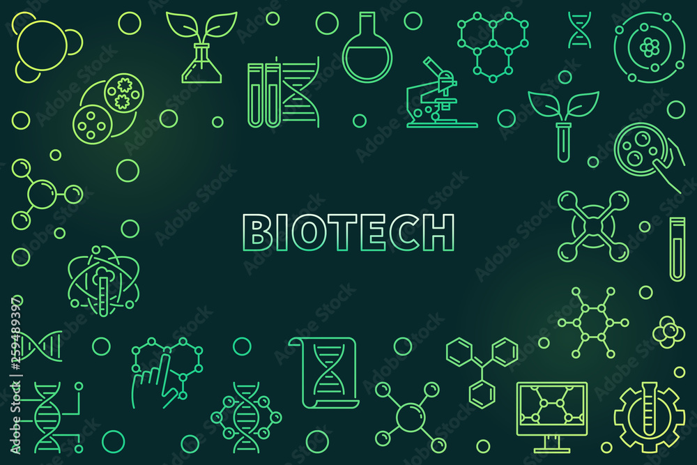Biotech concept green horizontal frame or illustration in thin line style on dark background
