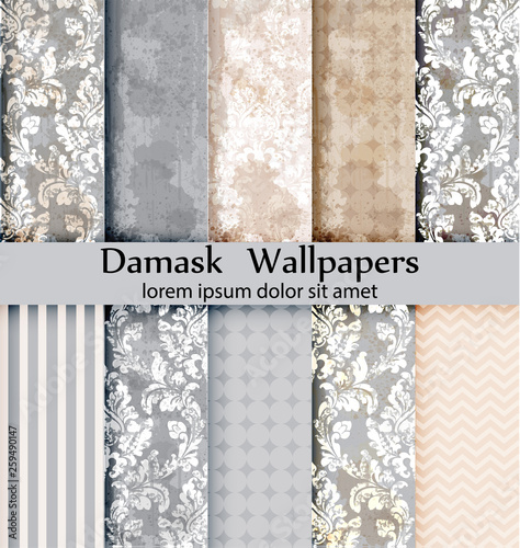 Damask patterns set collection Vector. Baroque ornament grunge background. Vi...