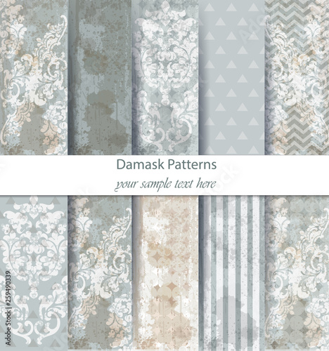 Damask patterns set collection Vector. Baroque ornament grunge background. Vintage decor. Trendy color fabric textures