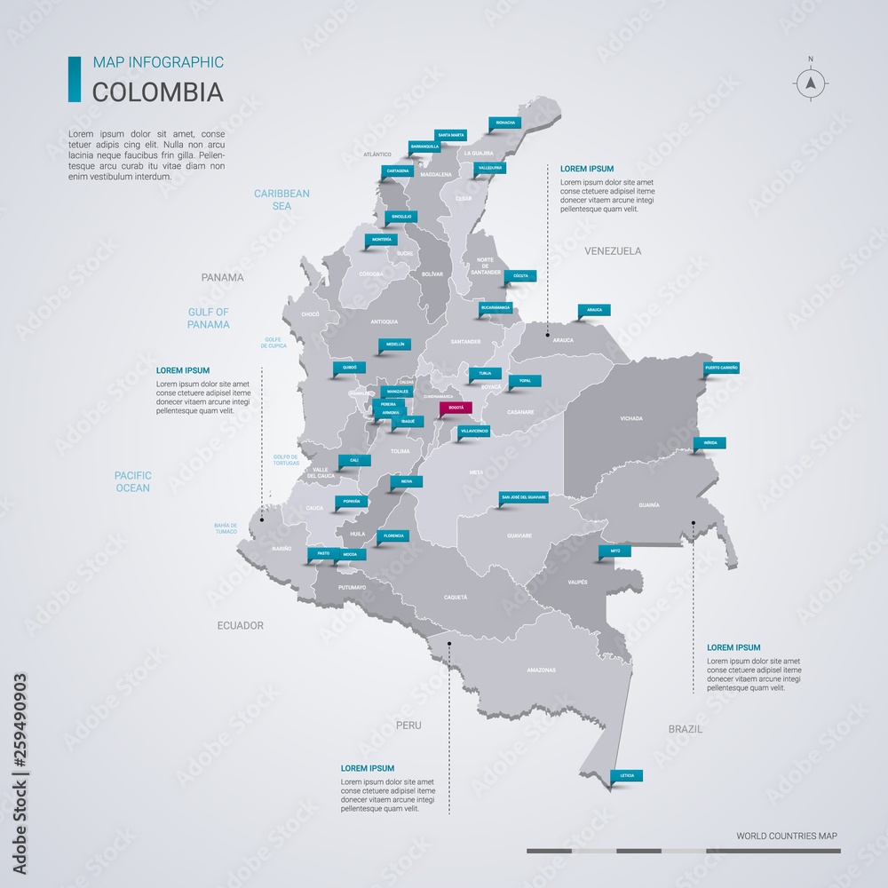 Fotografie, Obraz Colombia vector map with infographic elements, pointer marks.