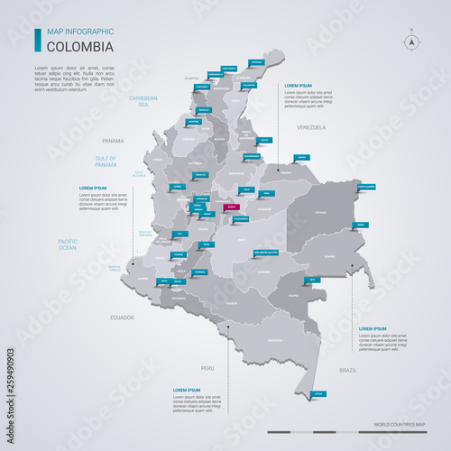 Obraz na plátně Colombia vector map with infographic elements, pointer marks.