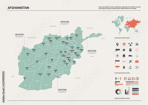 Vector map of Afghanistan . High detailed country map with division, cities and capital Kabul. Political map, world map, infographic elements.