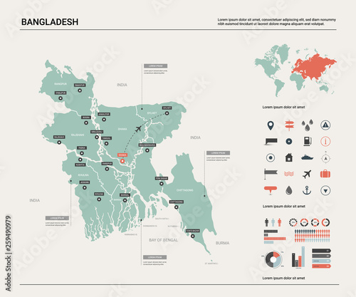 Vector map of Bangladesh .  High detailed country map with division  cities and capital Dhaka. Political map   world map  infographic elements.