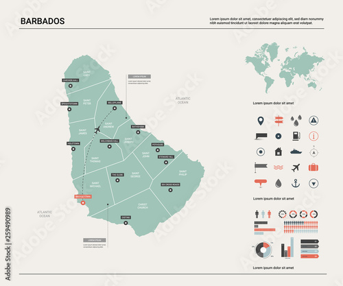 Vector map of Barbados.  High detailed country map with division, cities and capital Bridgetown. Political map,  world map, infographic elements.