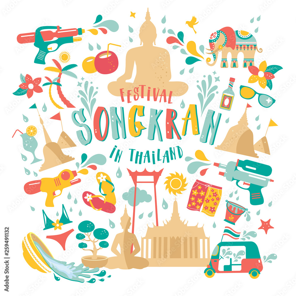 Fototapeta premium Songkran festival, Thailand New Year, Illustration of cute iconc celebrating. Flat design.
