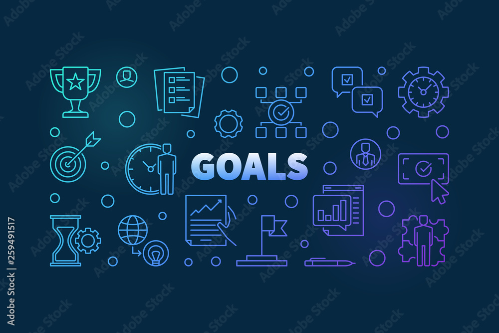 Goals colorful linear illustration. Vector business concept banner on dark background