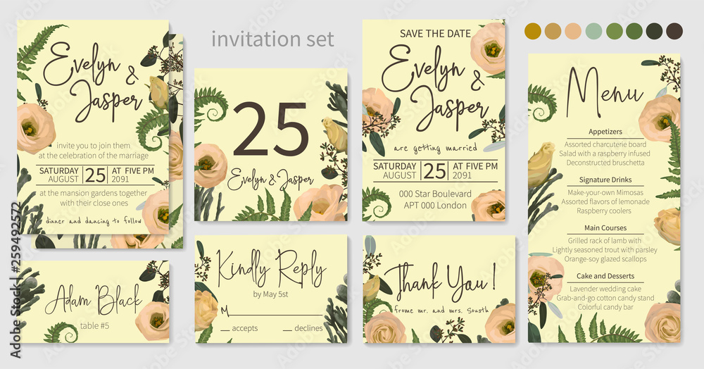 Wedding menu, information, label, table number and place card design with eustoma  cream flowers, brunia, green fern, eucalyptus, branches, pattern. Vector set