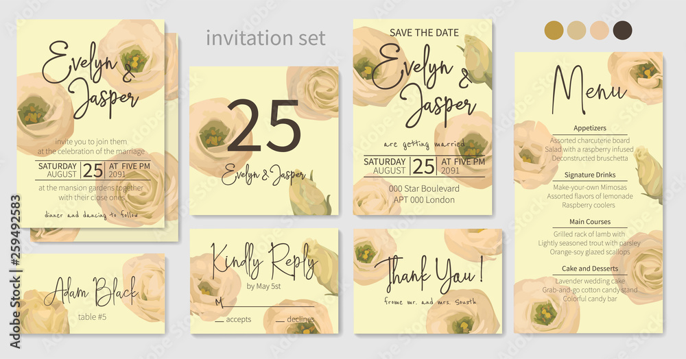 Wedding menu, information, label, table number and place card design with eustoma  cream flowers, pattern. Vector template set. Decorative vertical rectangle. Trendy 2019 color collection. Editable.