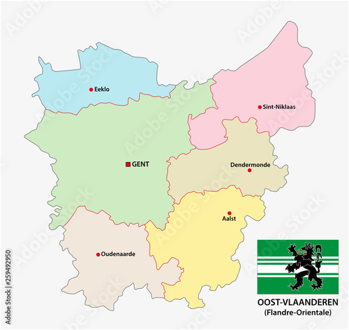 administrative and political vector map of the belgian province East Flanders with flag