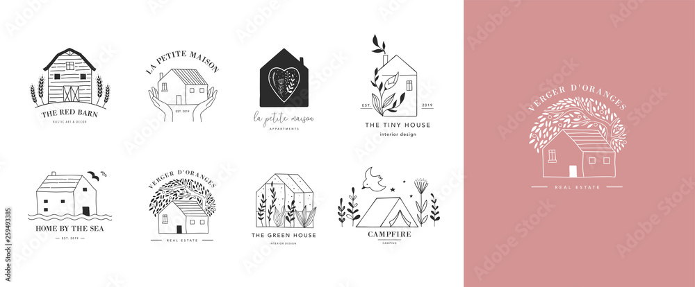Collection of the hand drawn home, house logos, icons, gardens and cabins. Vector illustrations