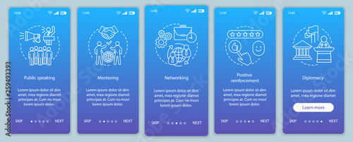 Communication skills onboarding mobile app page screen vector te