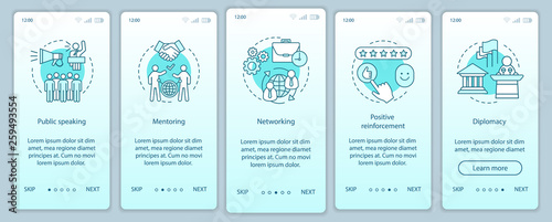 HR soft skills onboarding mobile app page screen vector template