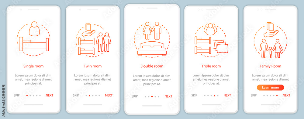 Hotel room types onboarding mobile app page screen vector template