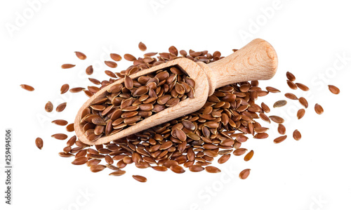 Wallpaper Mural Pile of flax seeds isolated on white background, close-up of flaxseed in wooden scoop Torontodigital.ca