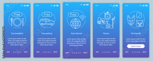 Hotel amenities onboarding mobile app page screen vector template