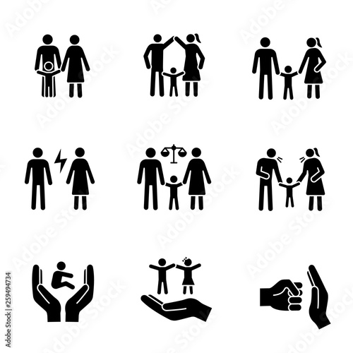 Child custody glyph icons set