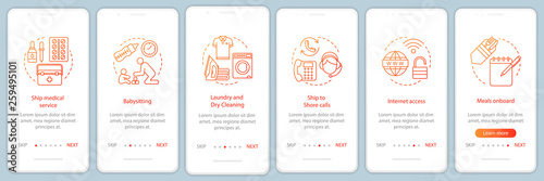 Cruise facilities onboarding mobile app page screen with linear concepts