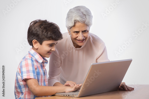 Obraz na plátně Grandmother and grandson using laptop