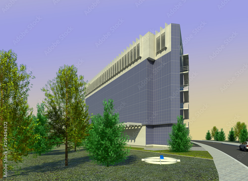 Data center imaginary building with photovoltaic facades 3D illustration. Architectural model. Collection.
