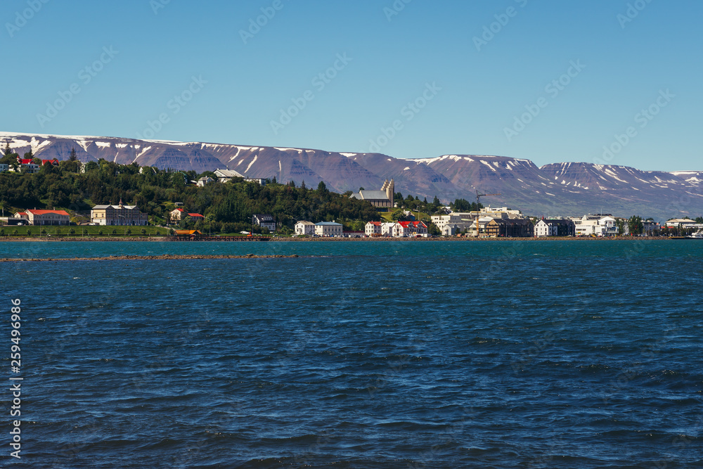 View on the Akureyri city in the north part of Iceland