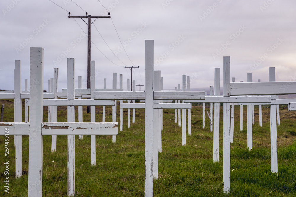 Fototapeta premium 52 crosses for car accidents victimis next to road from Selfoss town to Reykjavik city in Iceland