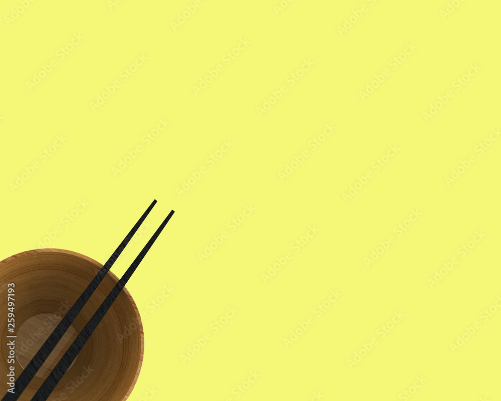 Empty rice bowl with chopsticks, isolated on yellow background, top view, 3D illustration –illustration Empty rice bowl with chopsticks, isolated on yellow background, top view, 3D illustration –illustration