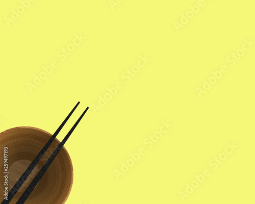 Empty rice bowl with chopsticks, isolated on yellow background, top view, 3D illustration –illustration 