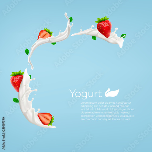 Whole milk yogurt swirl background design with strawberry, commercial vector advertising mock-up realistic illustration
