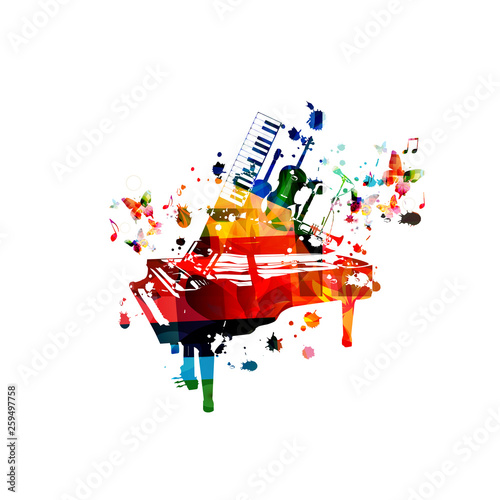 Colorful music instruments with music notes isolated vector illustration design.  Piano, guitar, violoncello, saxophone, trumpet and microphone music festival poster, live concert events, party flyer