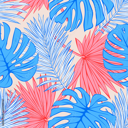 Seamless pattern of tropical leaves. Vector seamless pattern. Tropical illustration. Jungle foliage.
