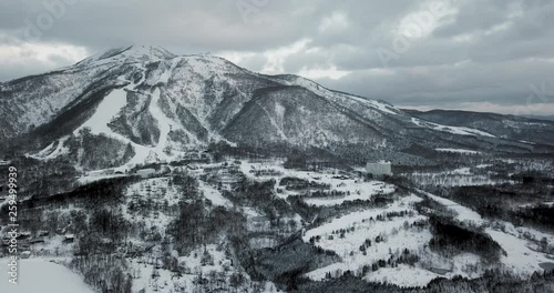 Aerial view of snow covered landscape with trees and mountains