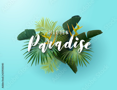 Summer tropical vector design for poster, banner or advertisment with exotic green palm leaves, flowers and handlettering on the bright background.