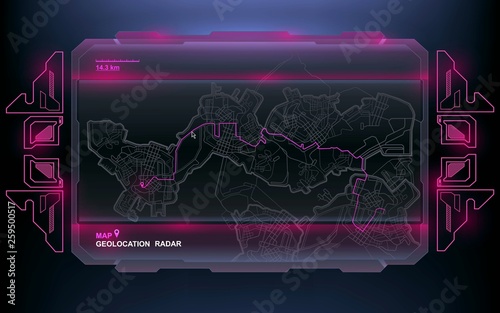 Futuristic navigate mapping technology dashboard GPS tracking map, showing movement and final destination on the streets of the city, high tech HUD background