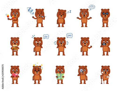 Set of cartoon teddy bear characters showing diverse actions, emotions. Funny bear cub singing, sleeping, laughing, holding map, magnifier and doing other actions. Simple vector illustration