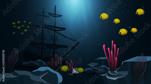 Underwater world, vector illustration with yellow fish, reefs and sunken ship