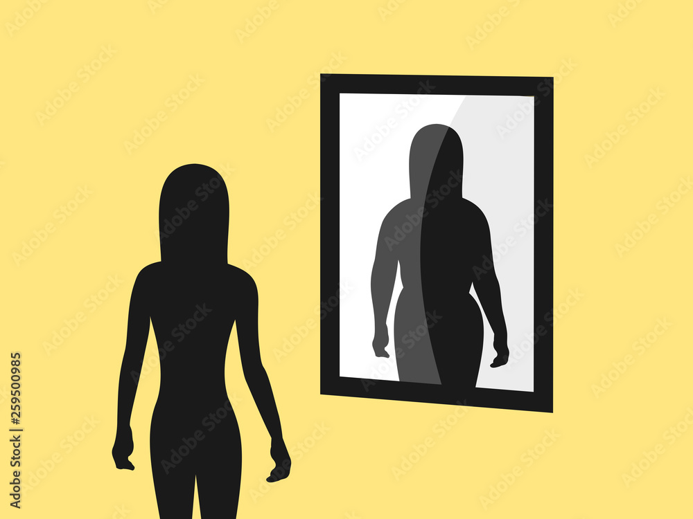 Anorexia and negative body image - skinny person is seeing false image in the mirror. Illusion of being overweight and obese. Vector illustration Anorexia and negative body image - skinny person is seeing false image in the mirror. Illusion of being overweight and obese. Vector illustration