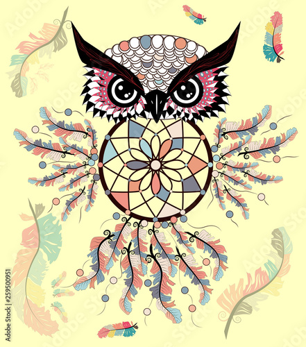 decorative dream catcher in graphic style with owl skull