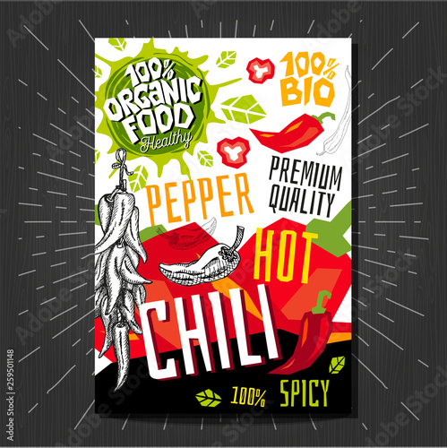 Food labels stickers set colorful sketch style fruits, spices vegetables package design. Chili pepper. Vegetable label. Organic, fresh, bio, eco. Hand drawn vector illustration.