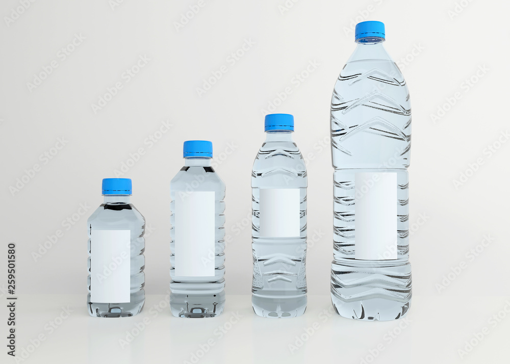 Set of drinking water bottle with empty label and blue caps, Different ...