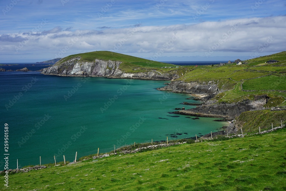 Beautiful green landscape on shore in Dingle peninsula in south Ireland