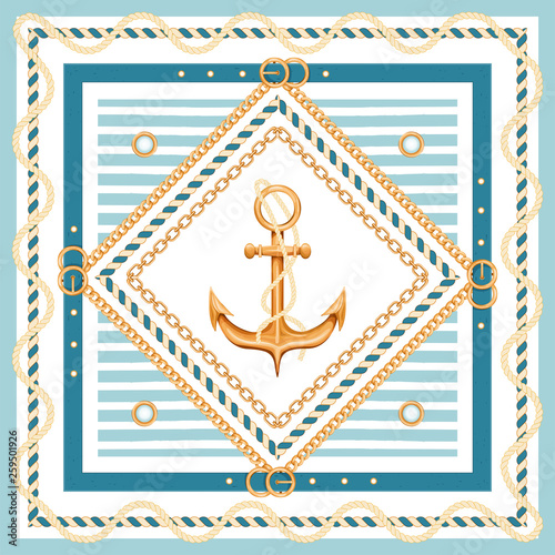 Abstract geometric pattern with golden chains, rope, belts, anchor and marine stripes. Marine background. Fashion print for textile, scarf, silk shawls and cravat design. Vector illustration.